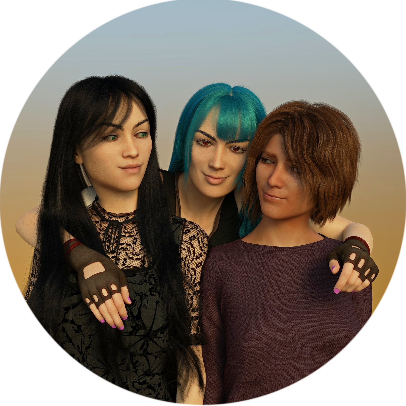 An image with pseudoclever's characters Eve, Lilith, and Alana, from left to right, posing for a family picture. Eve and Alana share smiles while Lilith smirks at the camera, her arms draped over the other two.